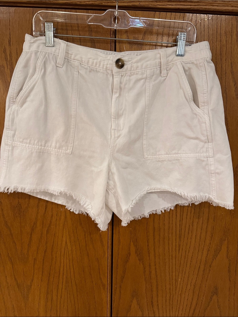 Aerie Pull-on Sz Large Denim Frayed Edge 4.5" Inseam Elastic Waist Utility